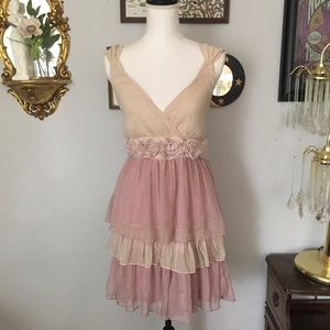 00s Vintage Wet Seal Pink Beige Rosette Tiered Mini Dress L Fairy Coquette